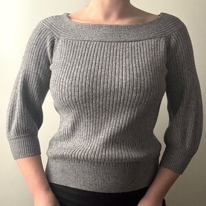 Catherine Malandrino grey boatneck puff sleeve rib knit sweater